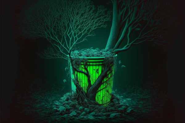 a tree coming out of a trash bin, green neon colors