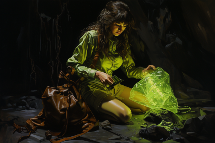 an adventurer pulling something from a handbag, painting, neon green colors