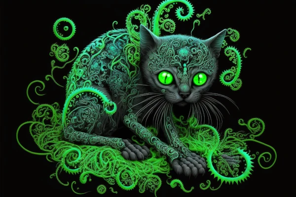 a cat with octopus tentacles, green neon colors