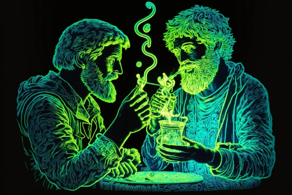 two friends talking, green neon colors